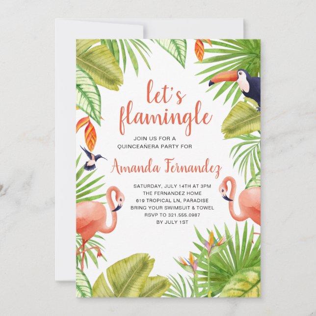 Tropical Flamingo Watercolor Quinceañera Invitation (Front)