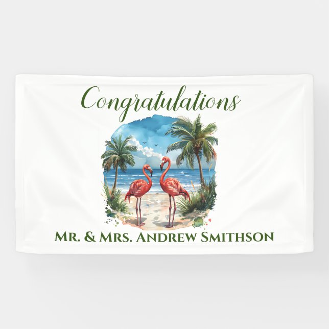 Tropical Flamingo Wedding Birthday Party Banner (Horizontal)