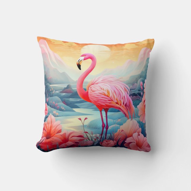 Tropical Flamingo with Flowers Cushion (Front)