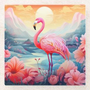 Tropical Flamingo with Flowers Glass Coaster