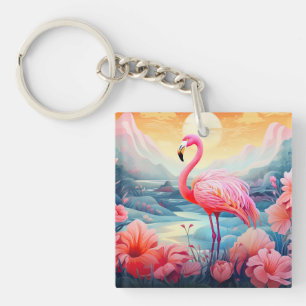 Tropical Flamingo with Flowers Key Ring