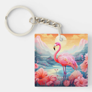 Tropical Flamingo with Flowers Key Ring