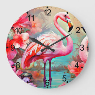 Tropical Flamingo with Flowers Large Clock