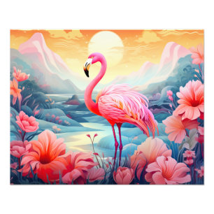 Tropical Flamingo with Flowers Photo Print