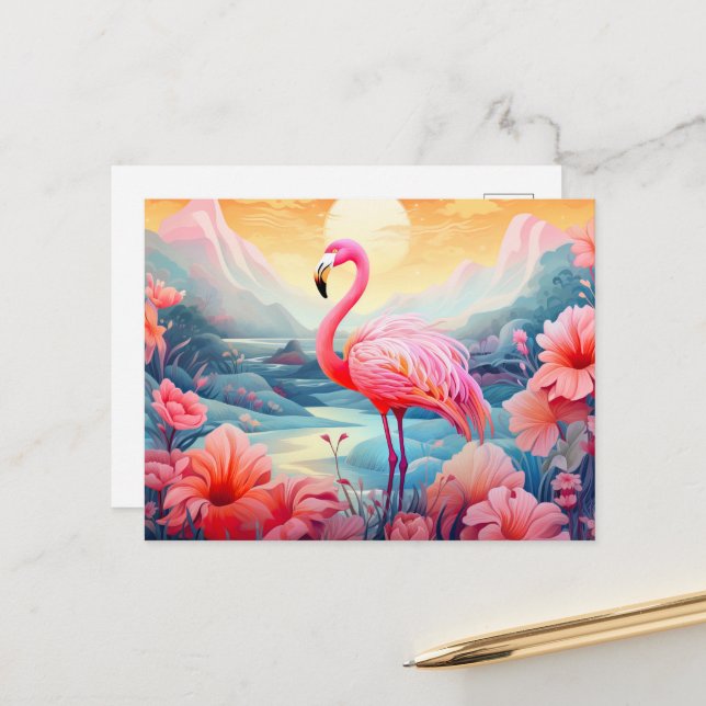 Tropical Flamingo with Flowers Postcard (Front/Back In Situ)