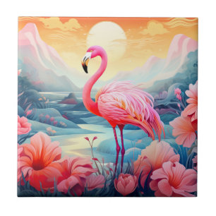 Tropical Flamingo with Flowers Tile