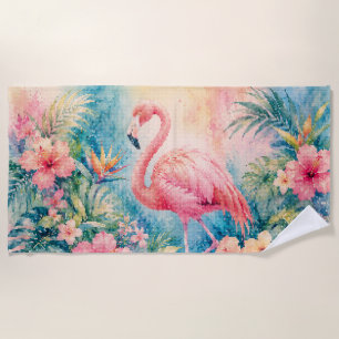 Tropical Flamingo with Hibiscus Flowers Beach Towel