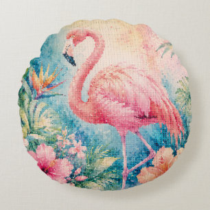 Tropical Flamingo with Hibiscus Flowers Round Cushion