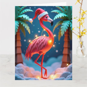 Tropical Flamingo with Lights in Snowy Christmas Card
