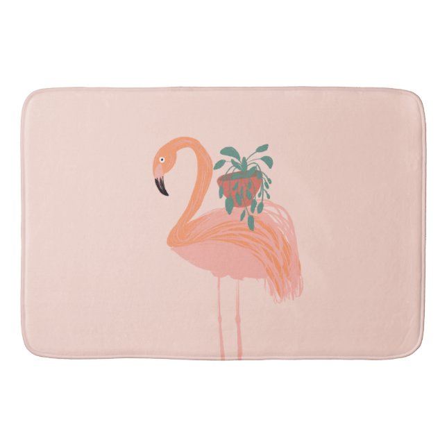 Tropical Flamingo with Potted Plant Hand Drawn     Bath Mat (Front)