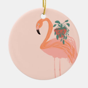 Tropical Flamingo with Potted Plant Hand Drawn   Ceramic Tree Decoration