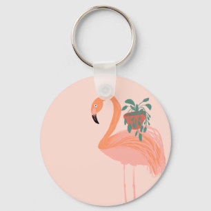 Tropical Flamingo with Potted Plant Hand Drawn Key Ring