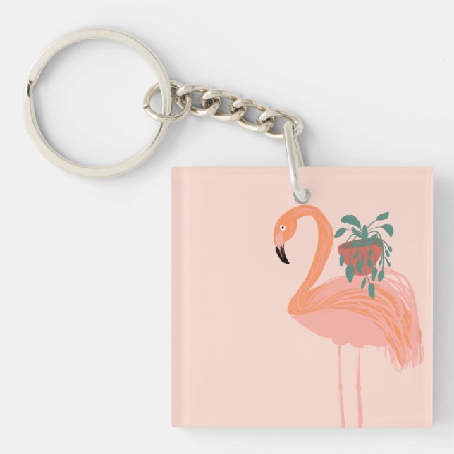 Tropical Flamingo with Potted Plant Hand Drawn   Key Ring (Front)