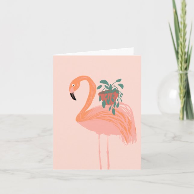 Tropical Flamingo with Potted Plant Hand Drawn    Note Card (Front)
