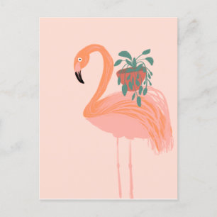 Tropical Flamingo with Potted Plant Hand Drawn Postcard