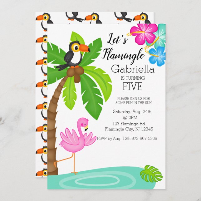 Tropical Flamingo With Toucan Birthday Invitation (Front/Back)