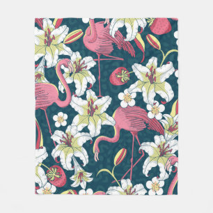 Tropical Flamingoes and Lilies Seamless Pattern Fleece Blanket