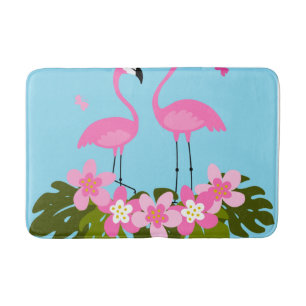 Tropical Flamingos and Floral Illustration Bath Mat