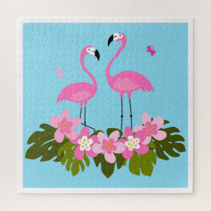 Tropical Flamingos and Floral Illustration Jigsaw Puzzle