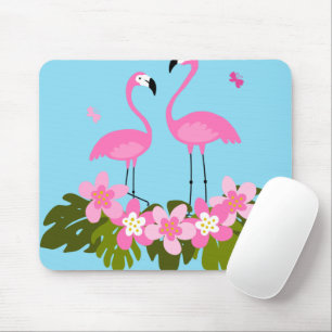 Tropical Flamingos and Floral Illustration Mouse Mat
