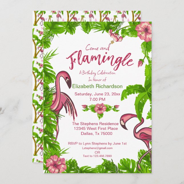 Tropical Flamingos and Flowers Invitation (Front/Back)
