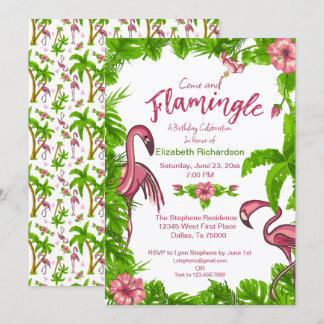Tropical Flamingos and Flowers Invitation