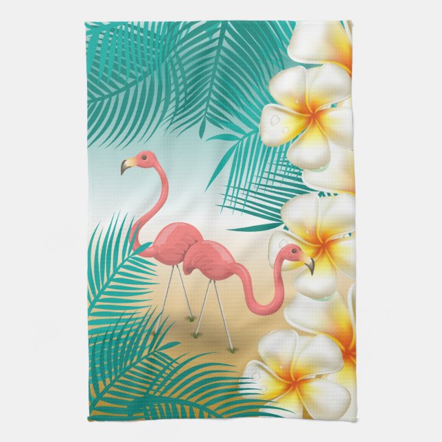 Tropical Flamingos Beach Paradise Tea Towel (Vertical)