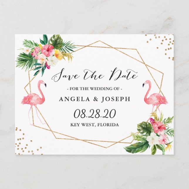 Tropical Flamingos Floral Wedding Save the Date Announcement Postcard (Front)