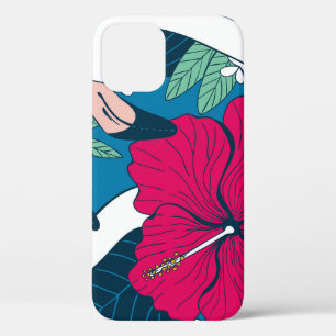 Tropical Flamingos: Hibiscus Plumeria Background. iPhone 12 Case