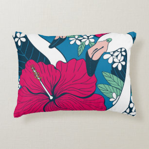 Tropical Flamingos: Hibiscus Plumeria Background. Decorative Cushion