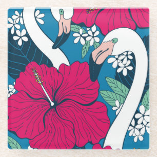 Tropical Flamingos: Hibiscus Plumeria Background. Glass Coaster