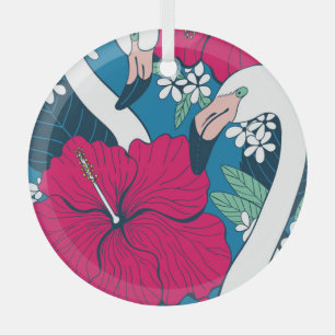 Tropical Flamingos: Hibiscus Plumeria Background. Glass Tree Decoration