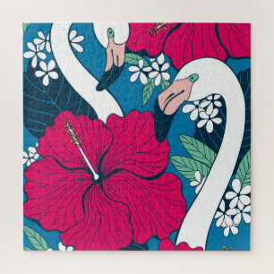 Tropical Flamingos: Hibiscus Plumeria Background. Jigsaw Puzzle
