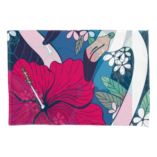 Tropical Flamingos: Hibiscus Plumeria Background. Pillowcase (Front)
