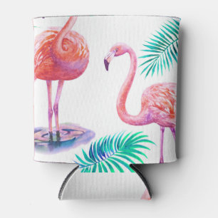 Tropical Flamingos: Orchids Watercolor Seamless. Can Cooler