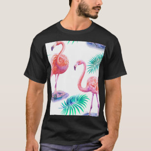 Tropical Flamingos: Orchids Watercolor Seamless. T-Shirt