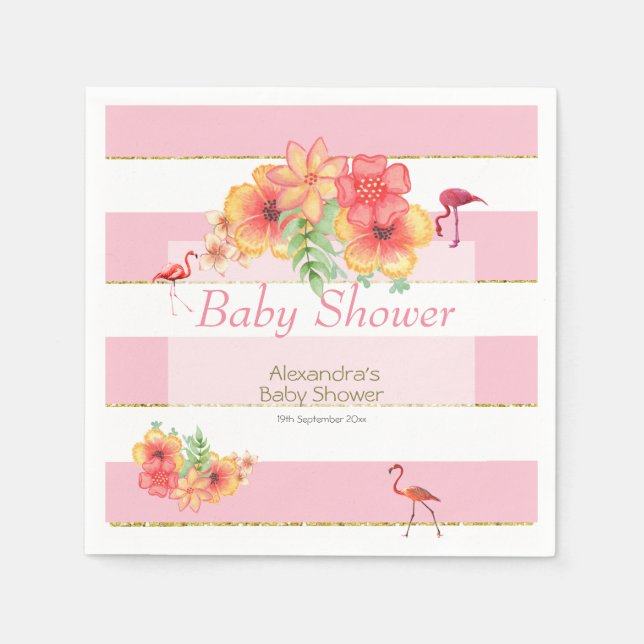 Tropical Flamingos Pink Stripe Baby Shower Napkin (Front)