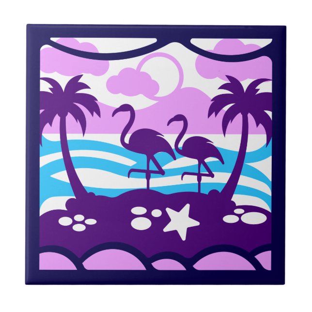 Tropical Flamingos Purple Palm Trees Pink Clouds Tile (Front)