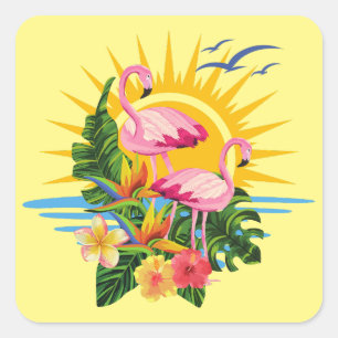 Tropical Flamingos Sunshine and Flowers  Square Sticker