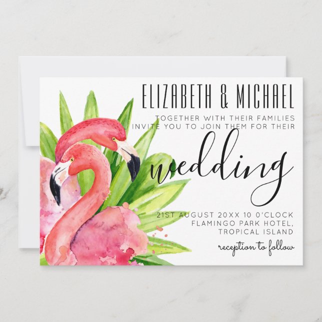 Tropical Flamingos Wedding Invitation Modern (Front)