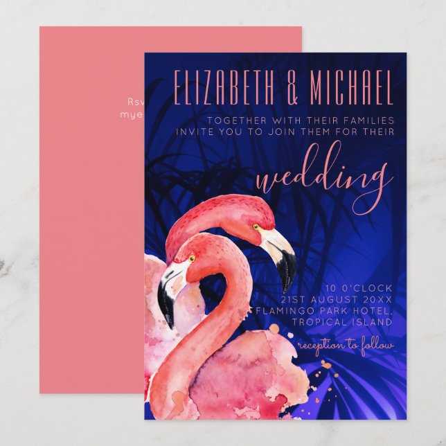 Tropical Flamingos Wedding Invitation Pink Blue (Front/Back)