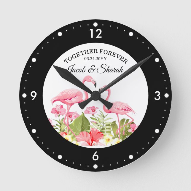 Tropical Flamingos Wedding Invitation Template. Round Clock (Front)