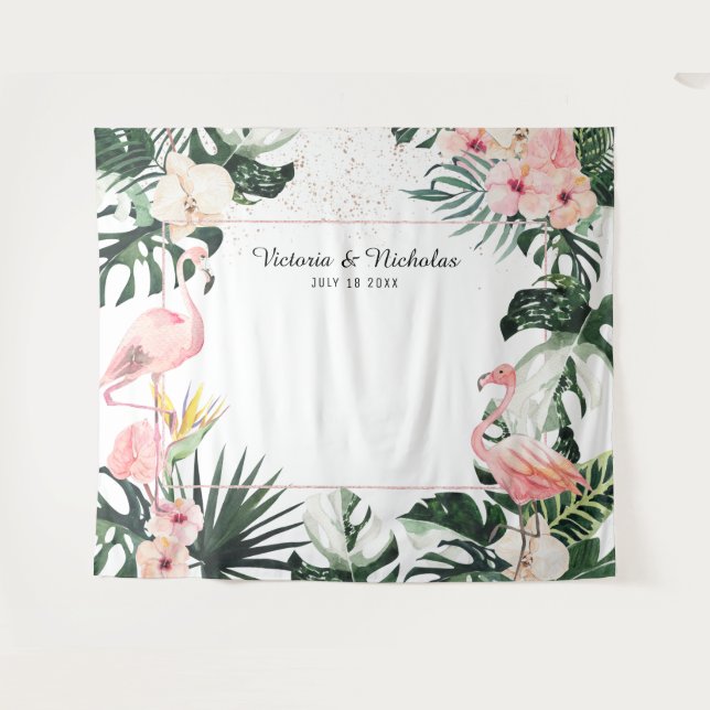 Tropical Flamingos Wedding Photo Booth Backdrop Tapestry (Front (Horizontal))