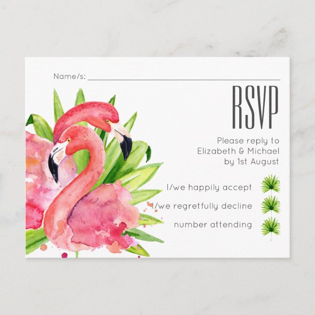 Tropical Flamingos Wedding RSVP Postcard (Front)