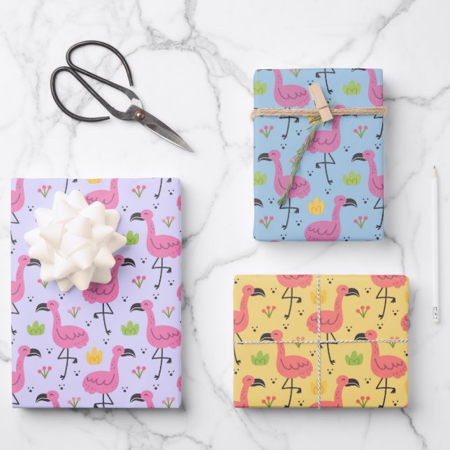 Tropical Flamingos Wrapping Paper Set of 3 (Front)