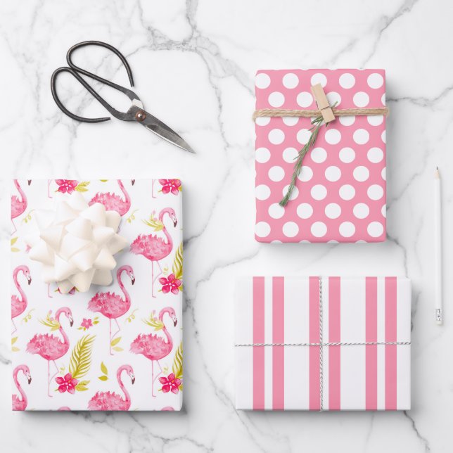 Tropical Flamingos Wrapping Paper Set of 3 (Front)