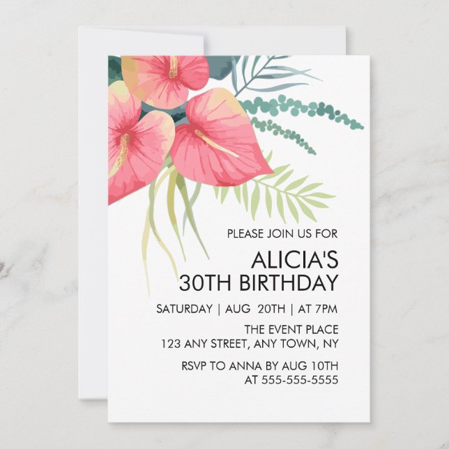 Tropical Flora Pink Anthurium & Monstera Birthday Invitation (Front)