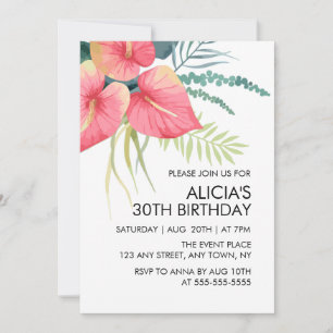 Tropical Flora Pink Anthurium & Monstera Birthday Invitation