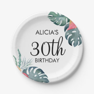 Tropical Flora Pink Anthurium & Monstera Birthday Paper Plate