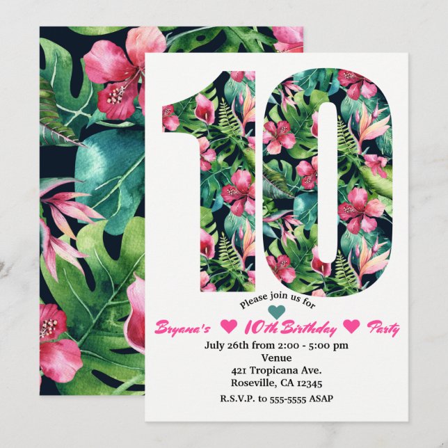 Tropical Floral 10 10th Birthday Party Invitations (Front/Back)
